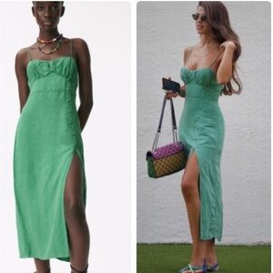 Zara Green Midi Dress with Spaghetti Straps